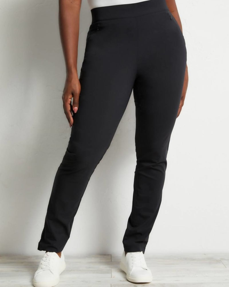 Front of a model wearing a size L Jamie Pull On Pant In Black in Black by Anatomie. | dia_product_style_image_id:360099